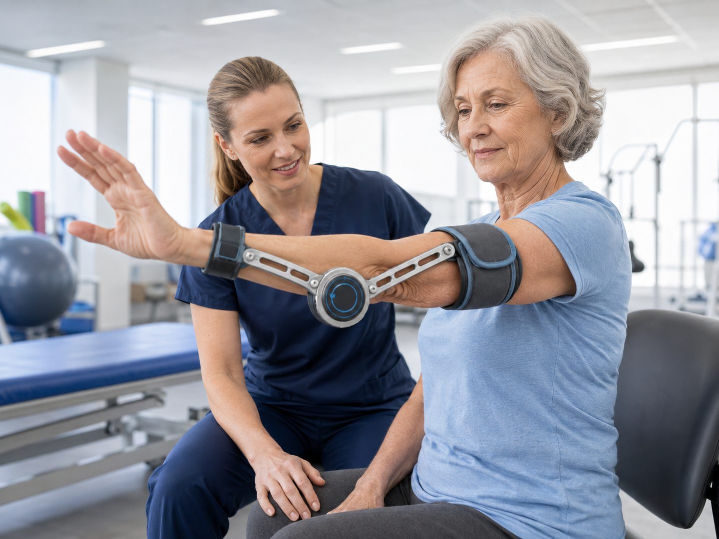 A physical therapist guiding a patient through an arm exercise while she wears the Newhab brace in a clinic.
