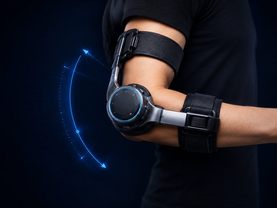 The Newhab arm brace worn at the elbow, with the resistance dial at the joint and cuffs above and below.