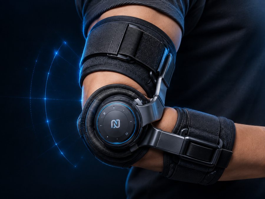 Close view of the padded cuffs and adjustable straps holding the brace against the arm.