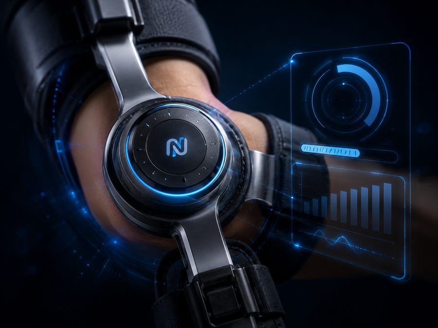 Close view of the graduated dial on the elbow brace alongside a readout display.