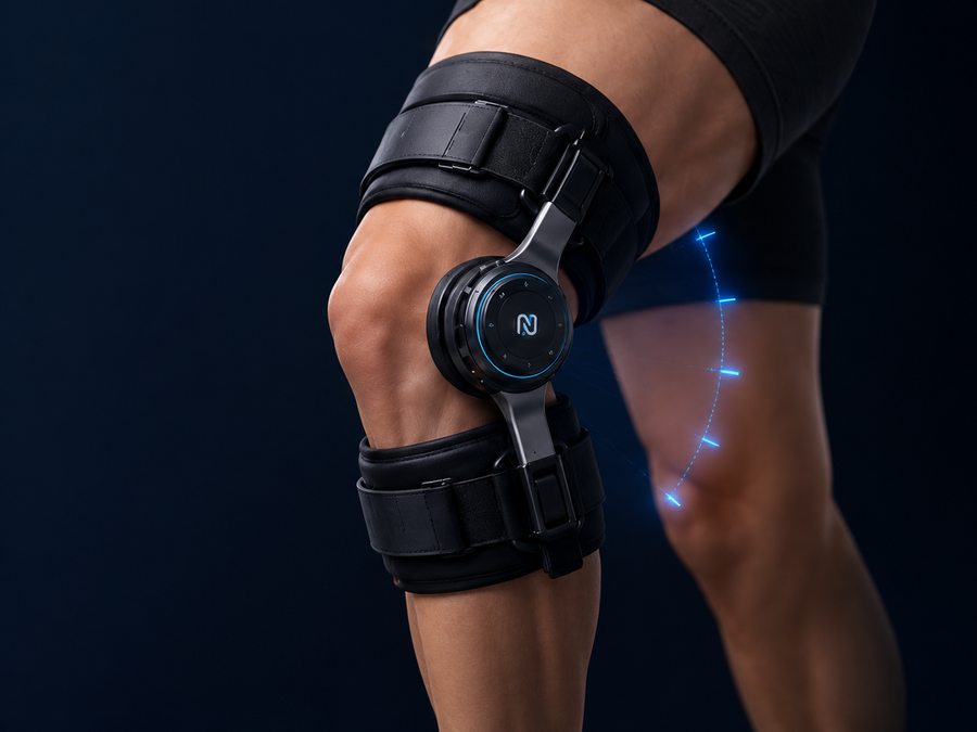 The Newhab leg brace worn at the knee, with the resistance dial at the joint and straps on the thigh and shin.