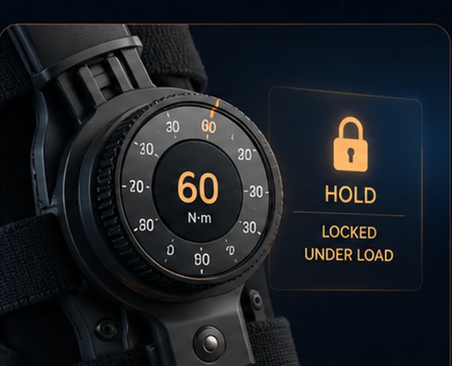 The graduated brake dial beside a lock indicator reading HOLD, locked under load.