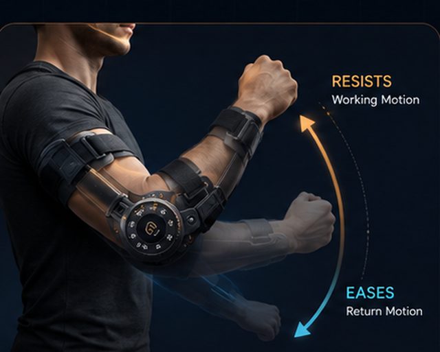 An arm wearing the brace, showing the working motion resisted and the return eased.