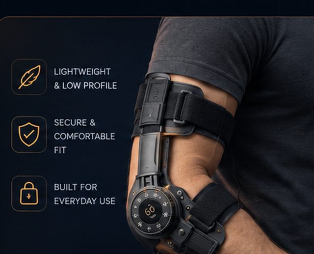 The compact brace mechanism sitting low-profile against the arm.