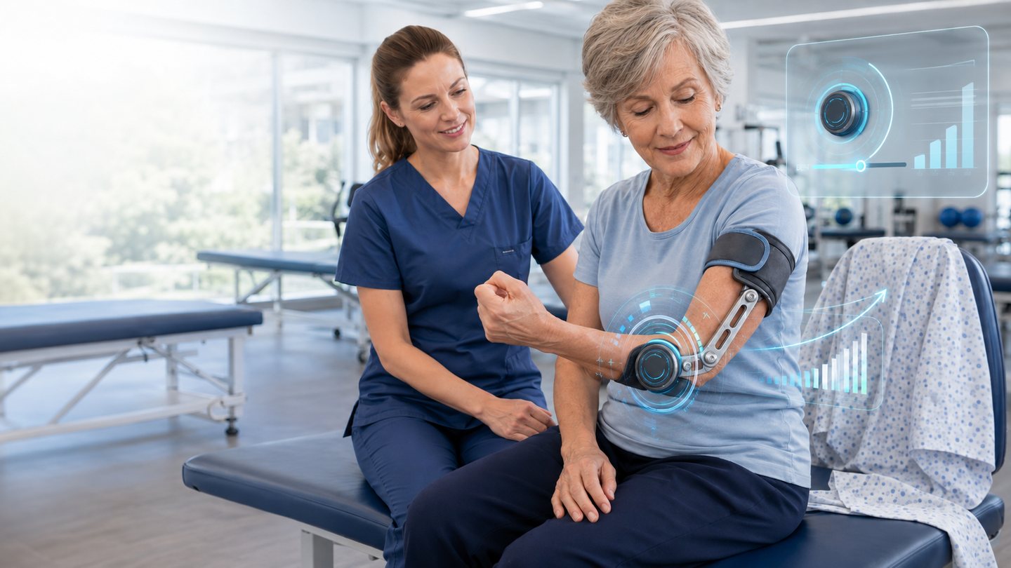 A physical therapist guiding an older woman through an elbow exercise while she wears the Newhab brace.