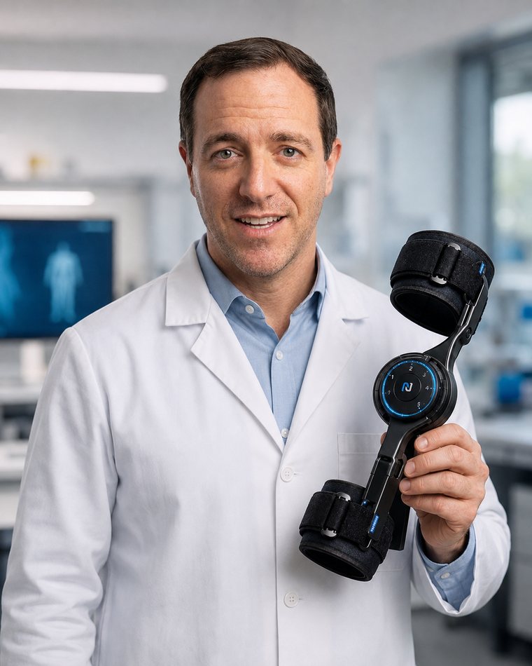 Benny Goldstein holding the Newhab brace.