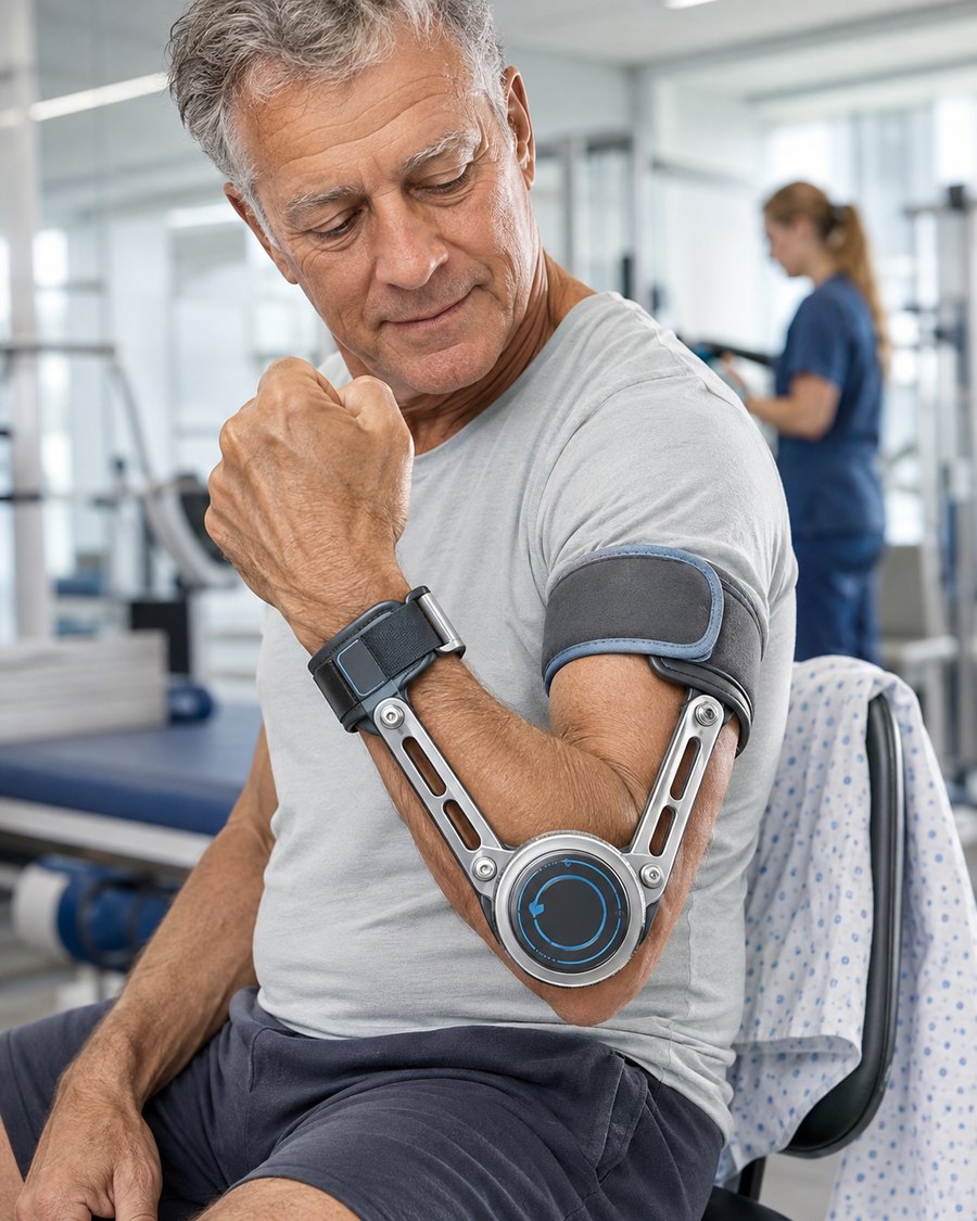 A man in a rehabilitation clinic wearing the Newhab brace on his arm, with the resistance dial at the elbow.