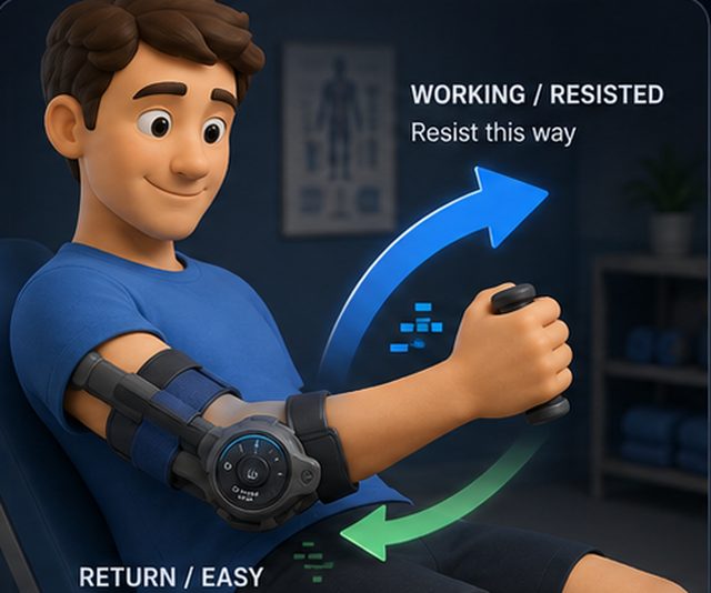 A seated patient wearing the brace, with the working direction resisted and the return easy.