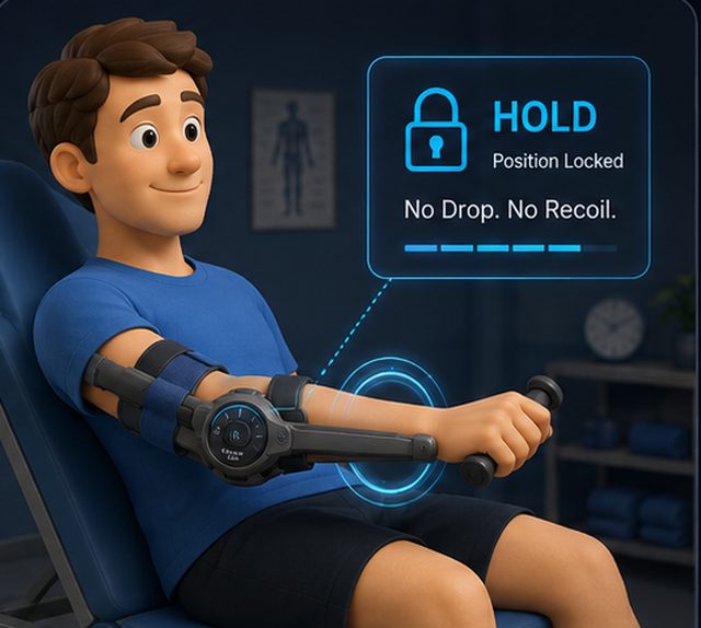 A seated patient pausing mid-movement while the brace holds the position.