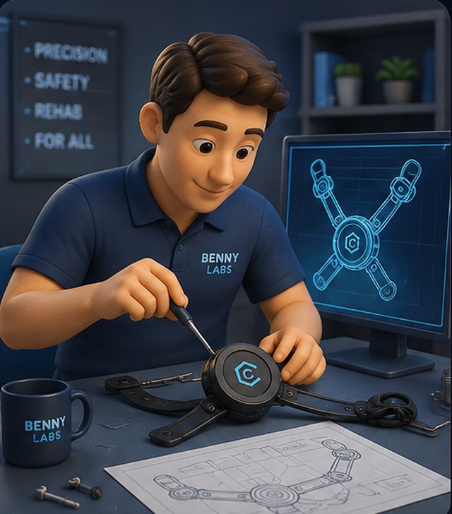 An engineer at a Benny Labs bench assembling the brace mechanism beside a drawing.