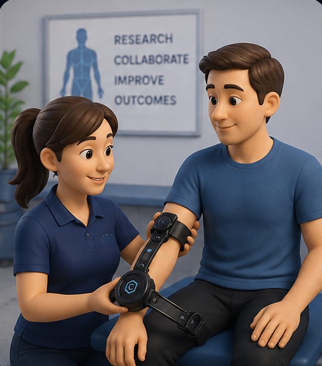 A clinician fitting the brace to a seated participant in a research setting.