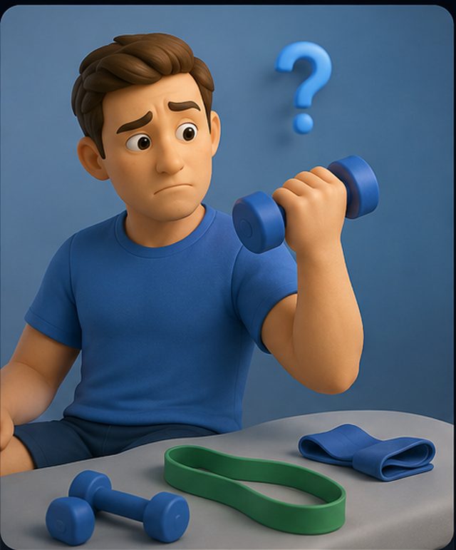 A person looking uncertainly at a light dumbbell beside resistance bands.