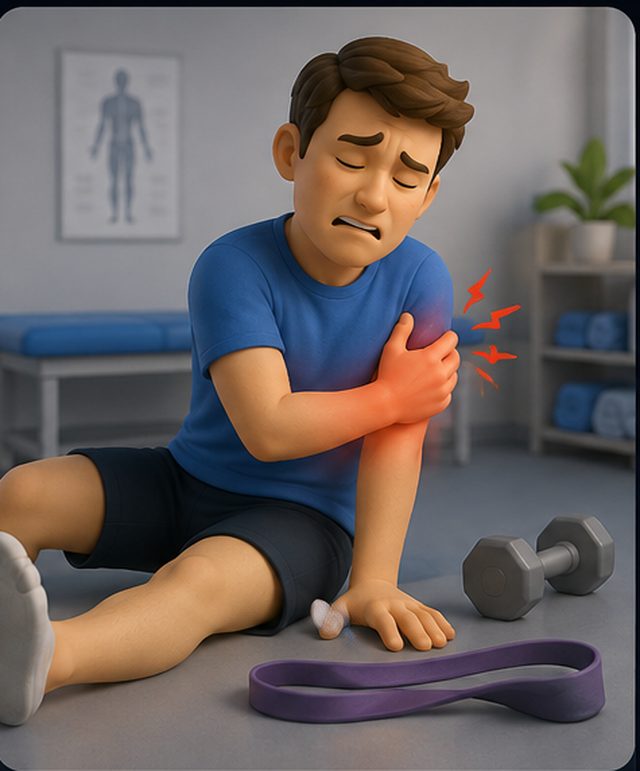 A person on the floor holding a painful arm after a dropped weight and a snapped band.