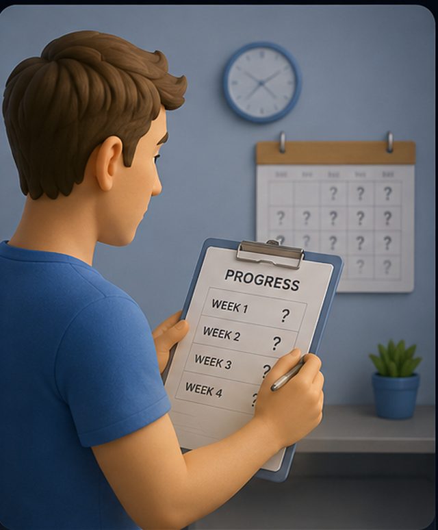 A person facing a progress chart with question marks in place of weekly results.