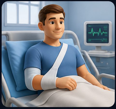 A person resting in a hospital bed with an arm in a sling.