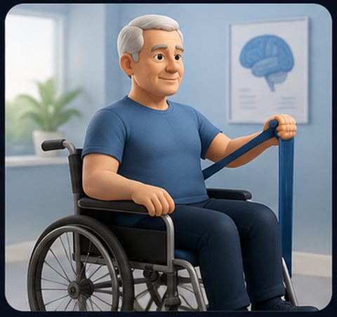 A seated older man doing a resistance-band exercise in a clinic.