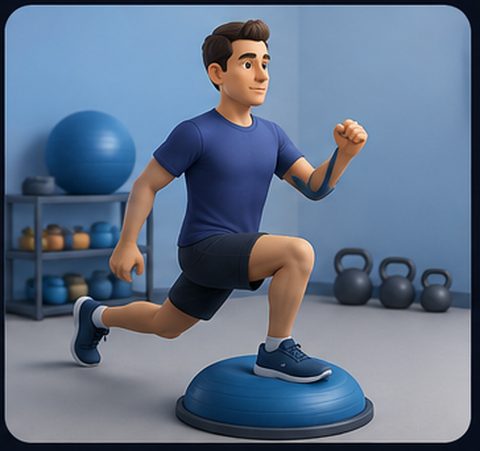 An athlete training on a balance trainer in a gym.
