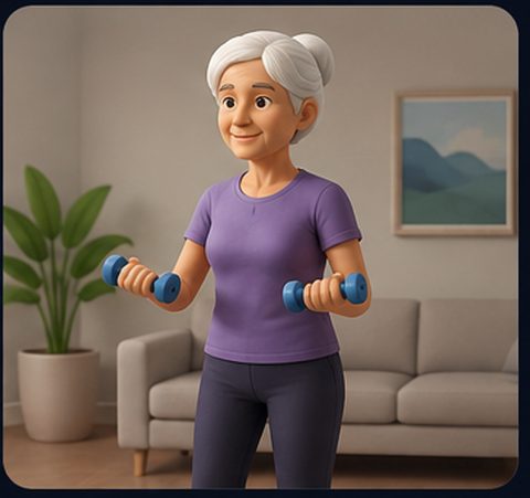 An older woman doing a light dumbbell exercise at home.