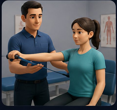 A therapist guiding a patient through a resistance-band exercise.
