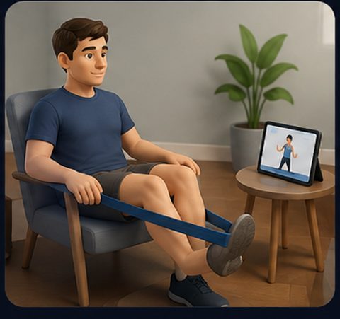 A person following a guided exercise at home from a tablet.