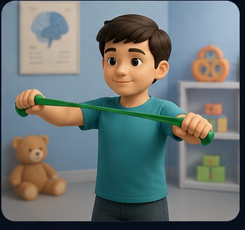 A child doing a resistance-band exercise in a paediatric clinic.